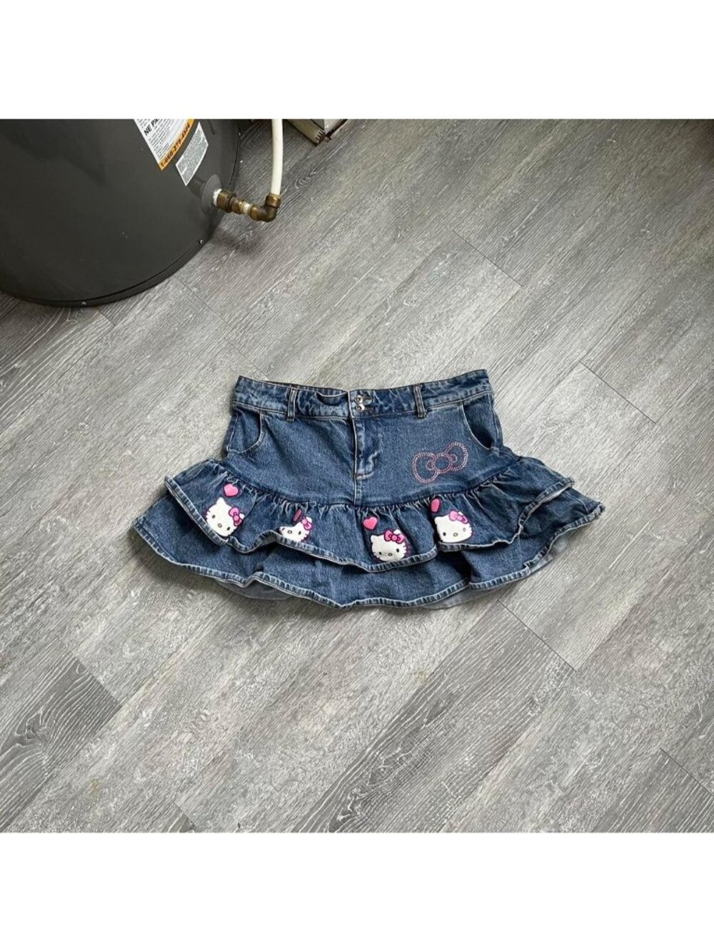 Navy Blue / White / Pink Y2K Hello Kitty / Sanrio Mini Ruffle Denim Skirt